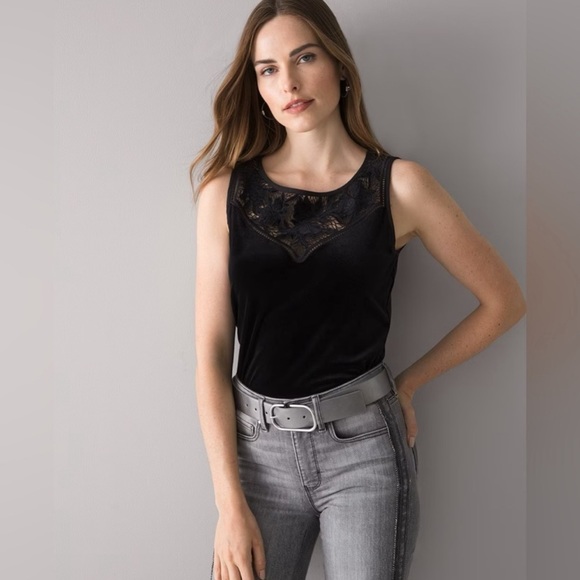 White House Black Market Black Velvet & Lace Top Sz XS New With Tags - Picture 2 of 7